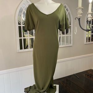 Olive green short sleeve maxi dress with pockets and criss cross back detail